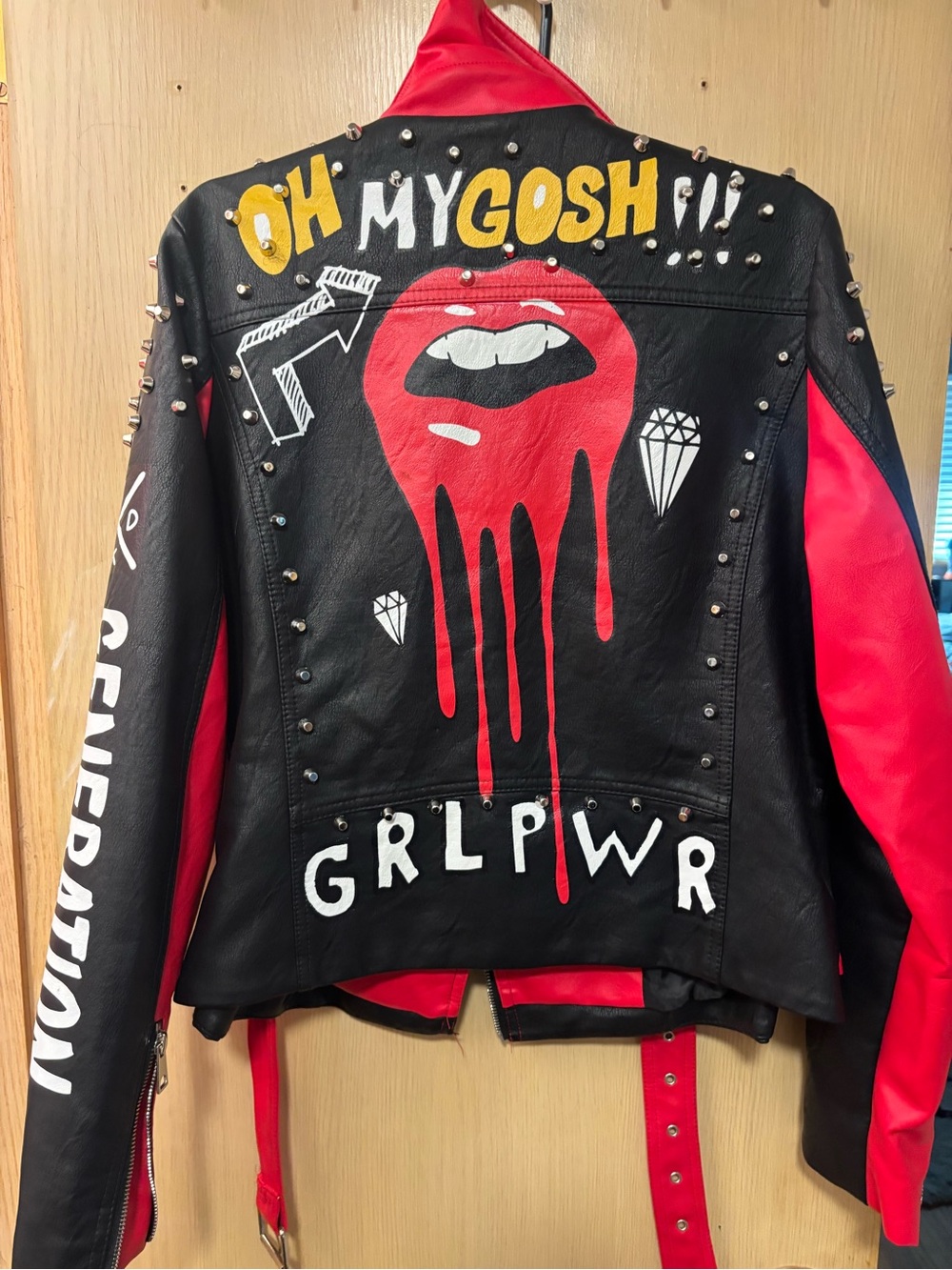 Hand-Painted Black & Red Leather Biker Jacket - Oh My Gosh GRLPWR